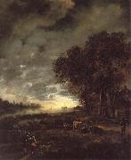 Aert van der Neer, A Landscape with a River at Evening